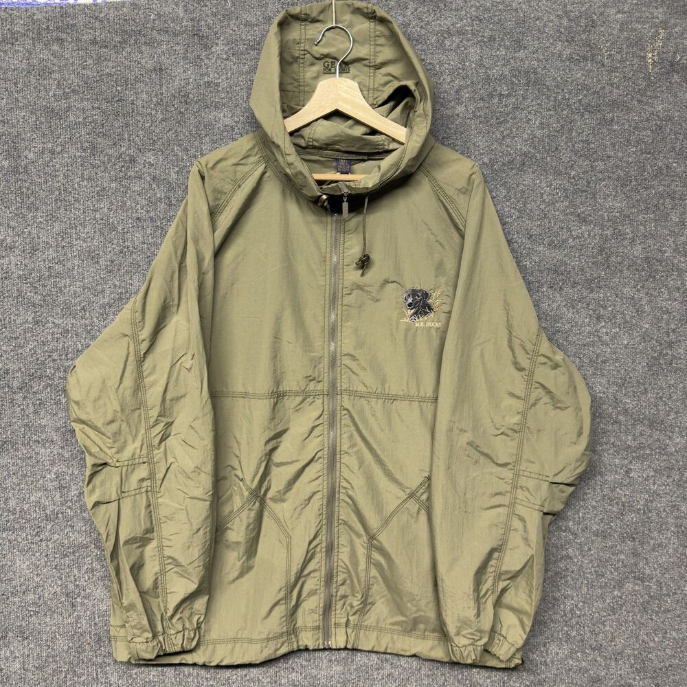 Mr.Ducks Windbreaker Jacket Mens XL Green Hooded Dog Embroidered Outdoor Nature